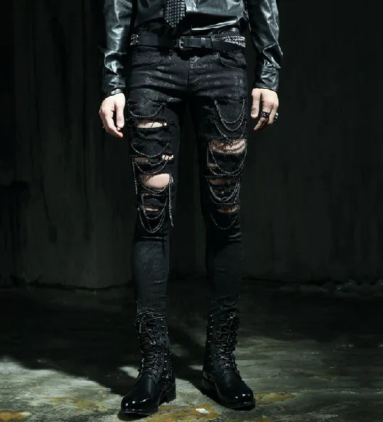 Newest Men's Runway Fashion Hollow Chains Ripped Skinny ...