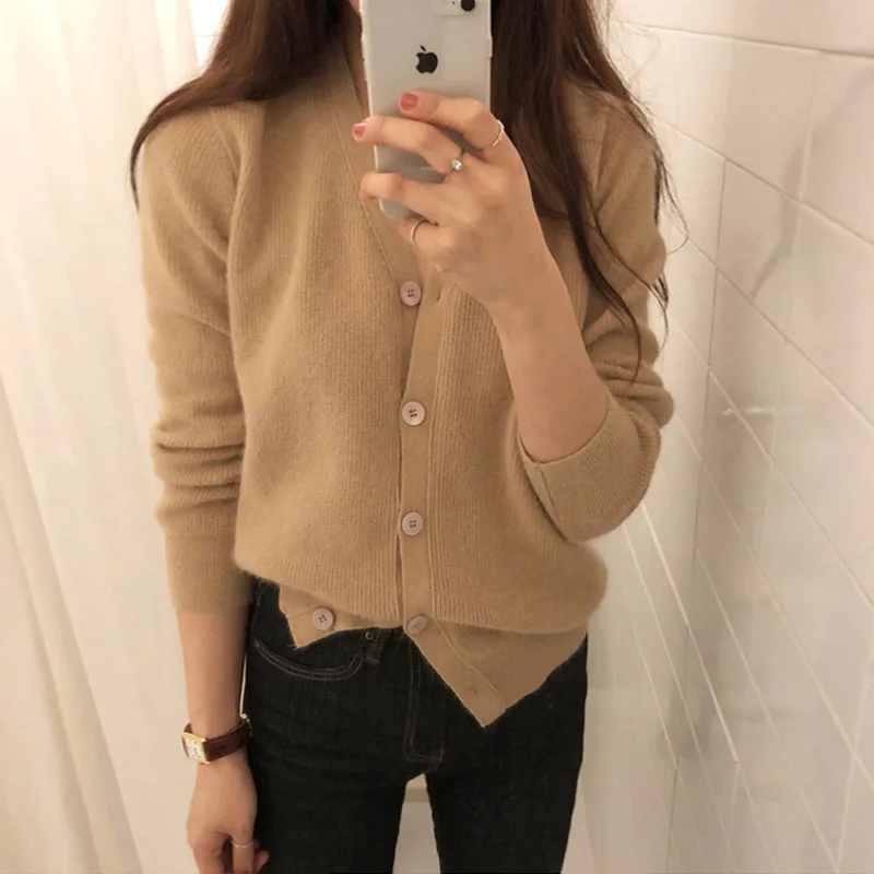 

MVLYFLRT Early Spring Cashmere Cardigan Women's V-neck Jacket Sweater Loose Thin Solid Color Wild Wool Sweater Outside Sweater