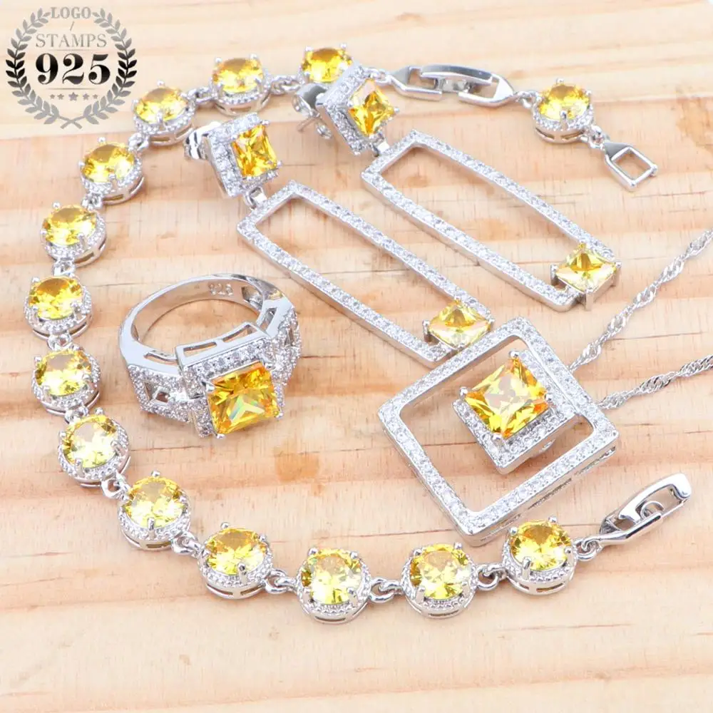 

Silver 925 Bridal Wedding Jewelry Sets Women Costume Jewelry Yellow Cubic Zirconia Earrings Ring Pendant Necklace Set Gift Box