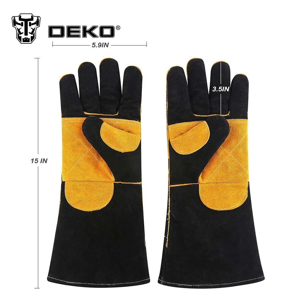 DEKO 15 дюймов кожаные сварочные перчатки для DIY работы по дереву/камин/плита/барбекю/садоводство/сварочные рабочие перчатки для сварщиков TIG/MIG