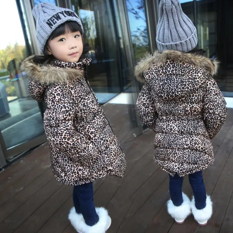 2017 Leopard Girls Winter Coat Children's Outerwear Parkas Winter