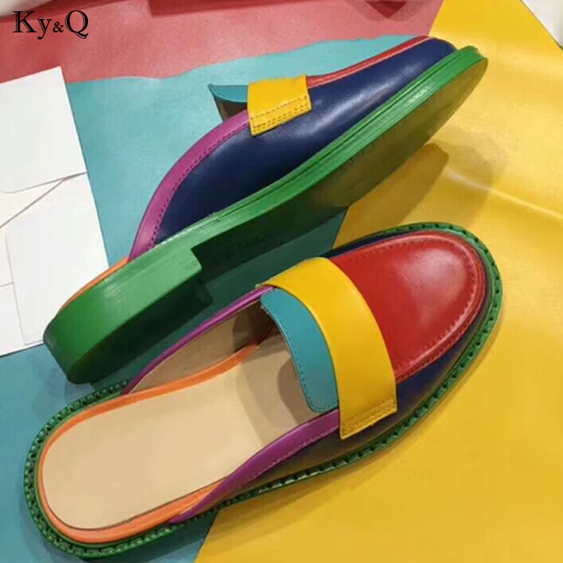 

2019 Summer New Ladies Fashion Round Head Outer Wear Leather Spell Color Comfortable Baotou Casual Beach Sexy Wild Flat Slippers
