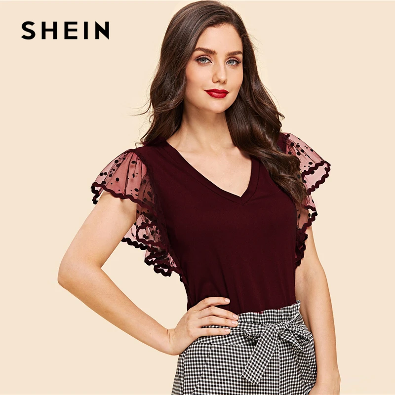 SHEIN винтажная Однотонная футболка в черный горошек с контрастным сетчатым рукавом и v-образным вырезом, женская летняя элегантная Однотонная футболка с коротким рукавом, топы