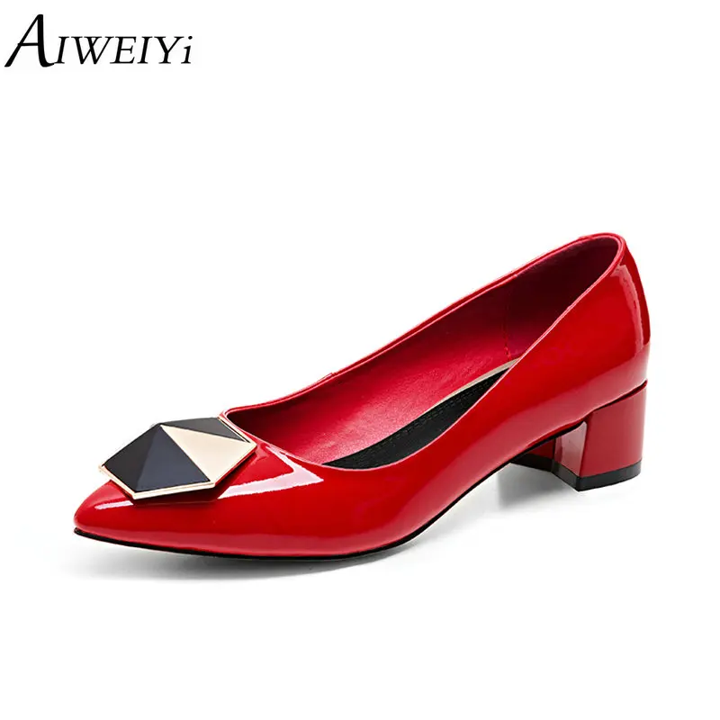 AIWEIYi Women Pumps Black Med Heel Platform Pumps Pointed toe Red Ladies Wedding Shoes Thick High Heel Dress Party Pumps Shoes