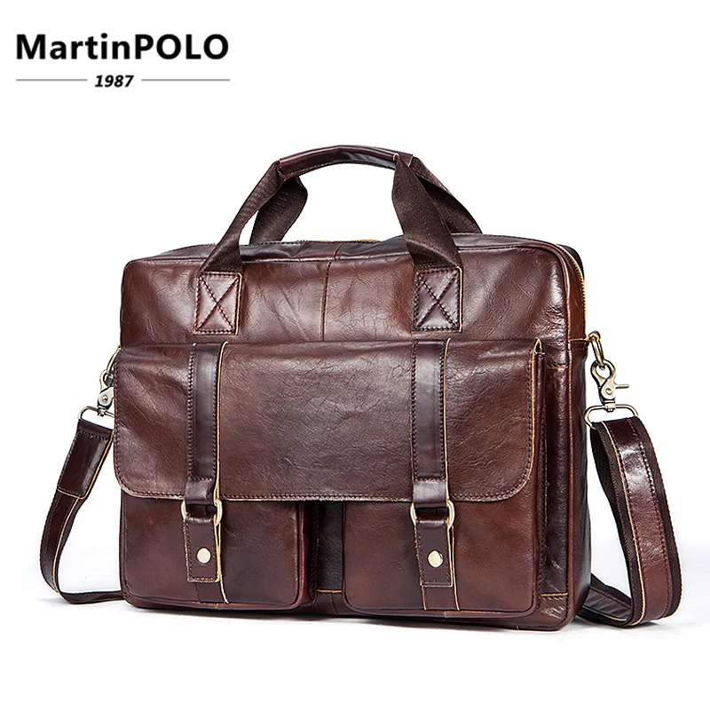 

Vintage Men's Genuine Leather Briefcase 14" Cowhide Business Bag Cow Leather Laptop Double Layer Messenger Bag PC Work Tote