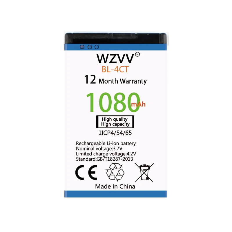 

wvzz 1080mAh Li-ion Battery BL-4CT for Nokia 5310 5630 6600 fold 6700 7210 7230 7310 X3 Replacement Batteries