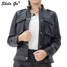 Большие размеры, Новая модная женская Высококачественная куртка из овечьей кожи с воротником и передним карманом на молнии, короткая мотоциклетная куртка из натуральной кожи