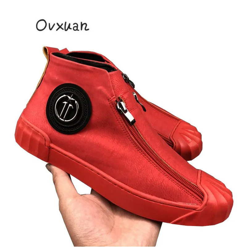 OVXUAN/модные высокие кроссовки на молнии с металлической пряжкой; мужская повседневная обувь; модные мужские уличные модельные лоферы на плоской подошве
