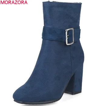 

MORAZORA fashion new arrive women boots flock square toe zipper ladies boots square heel buckle ankle boots plus size 34-47