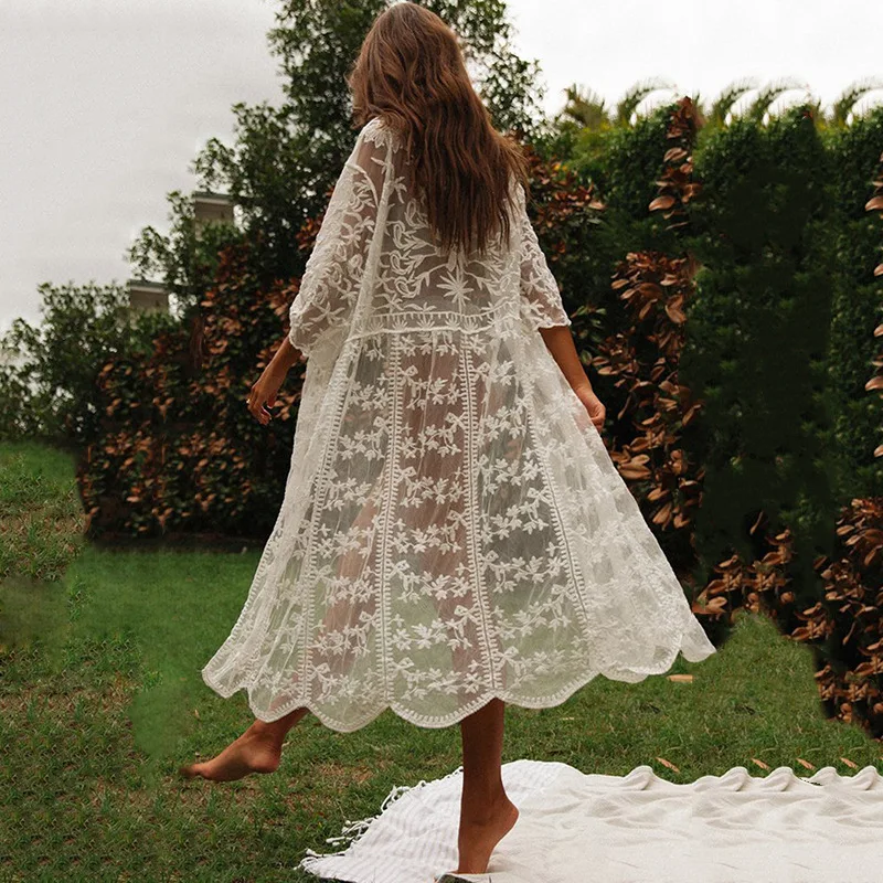 

2019 Women's Cover Ups White Overall Lace Cover Up Hollowed Out Bikinis Beach Long Cover Oversized Boho Bath Suit Cover Up