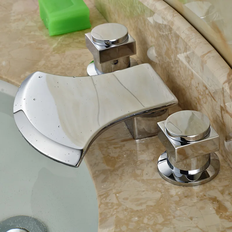 Роскошная ванная раковина водопад смеситель кран двойная ручка широко распространенный латунный кран горячей и холодной воды для умывальника хромированный