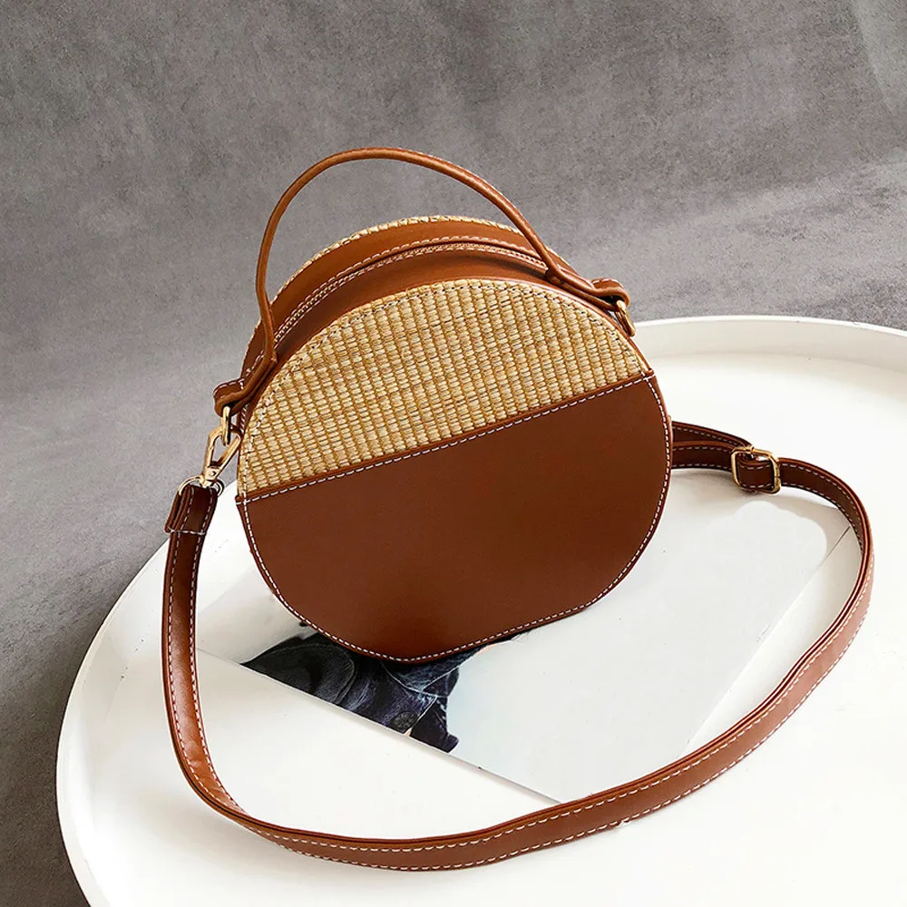 

2019 Leather Handbag Women Round Straw Bags Women Summer Rattan Bag Handmade Women Beach Cross Body Bag Circle Bohemia