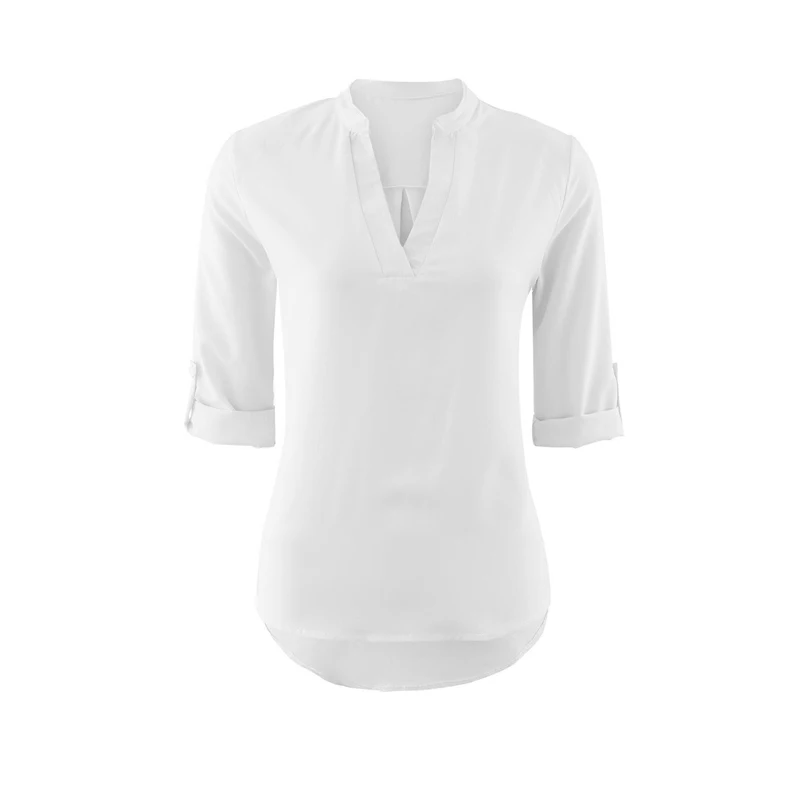 Женские летние модные рубашки с v-образным вырезом и длинным рукавом, однотонные рубашки с пуговицами, повседневный удобный топ - Цвет: Белый