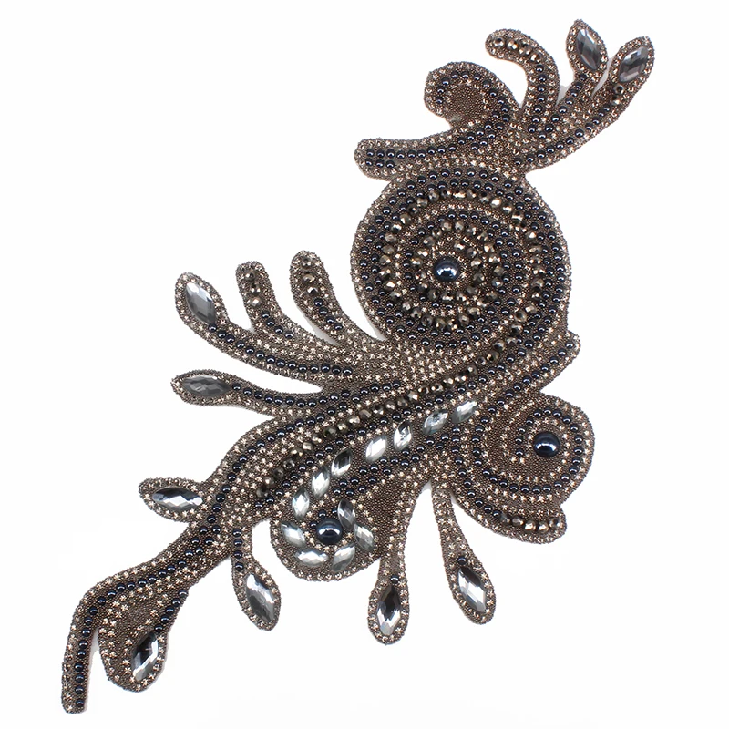 Gray Beaded Crystal Rhinestones Iron On Sticker Pacthes Applique