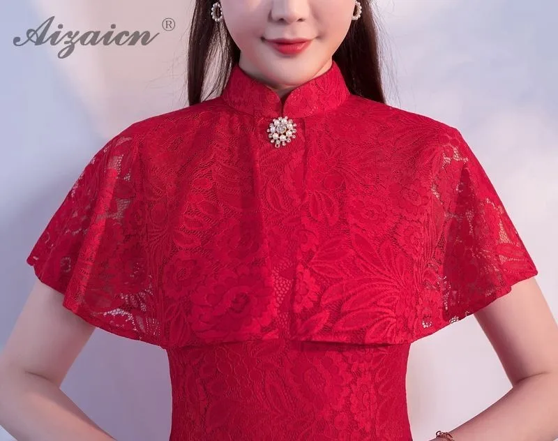 Весенняя Новая модная кружевная шаль Cheongsam современное длинное вечернее платье Qi Pao красное китайское традиционное платье Qipao вечерние