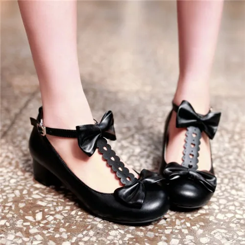PXELENA/ Весенние Свадебные туфли в стиле «лолита»; женские туфли с бантом в стиле Мэри Джейн; туфли-лодочки на не сужающемся книзу массивном ботинки на среднем каблуке туфли-лодочки на T-образном ремешке обувь для девочек размера плюс европейский размер 35–43 - Цвет: Черный