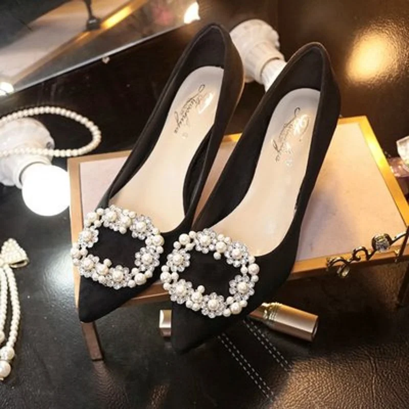 

2019 spring and autumn new wild fashion rhinestone pointed high heels stiletto black ladies career with
