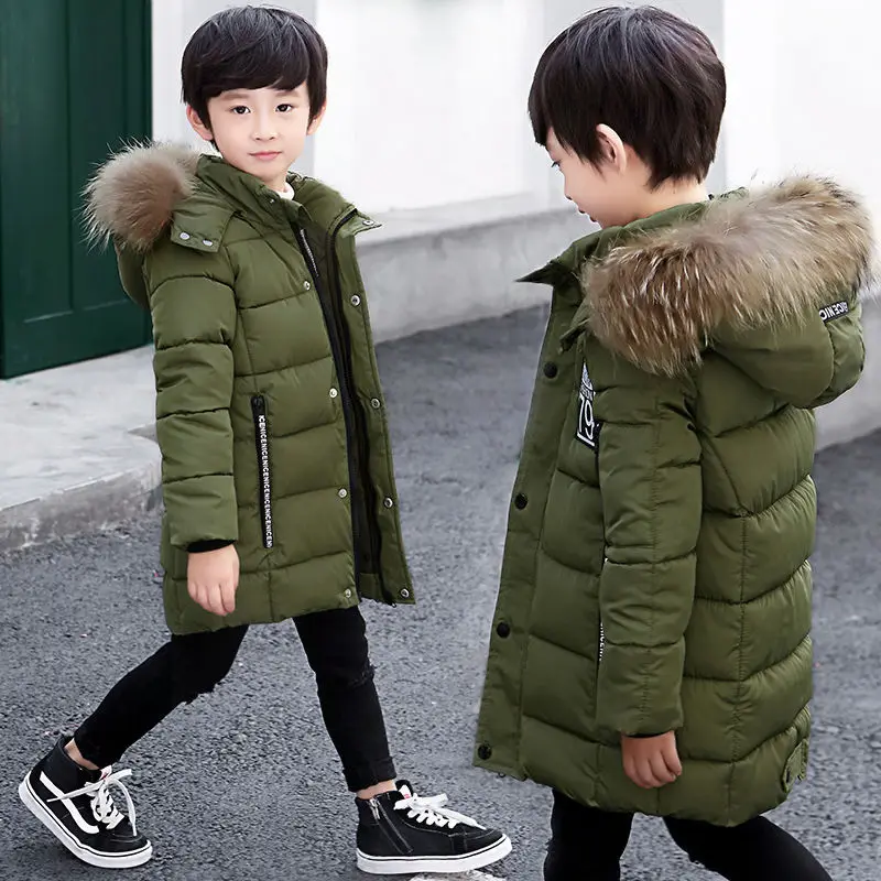 INS hot boys winter coat 4-15 years old long hooeded parka thick cotton coat warm windbreaker Hand stuffed cotton coat letters