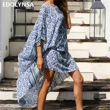 Голубое и белое длинное пляжное платье-кафтан с принтом в турецком стиле; большие размеры; женская летняя пляжная одежда; свободные вечерние платья с рукавами «летучая мышь»; N642