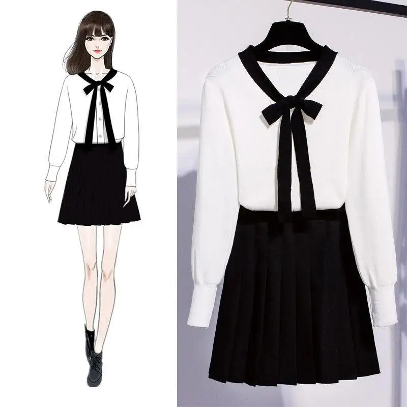 

High Waist Pleated Skirt 2 Piece Set 2019 Spring Autumn Women Sweet Bow Tie Collar Knit Shirt Top + A-Line Mini Skirt Sets R06
