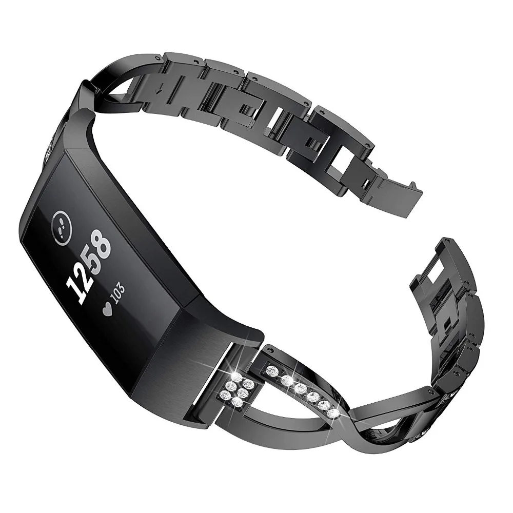 Metal Bands for Fitbit Charge 3 X-Link Metal Bracelets Adjustable Fashion Straps with Rhinestones Stainless Steel 10.26 (4)