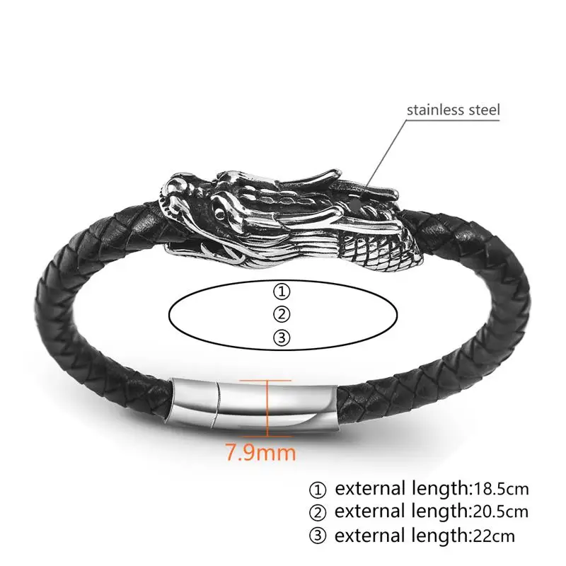Jiayiqi властный дракон кожаный браслет мужской черный плетеный веревка Нержавеющая сталь Пряжка браслет панк мужские ювелирные изделия ручной работы подарок
