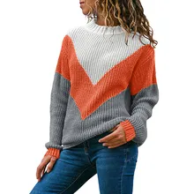 Autumn Winter Women Sweater Round Neck Color Block Long Sleeve Knitted Sweater Tops Pullover Jumper sweater for women Pull Femme