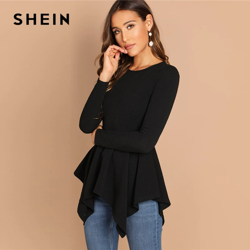 SHEIN الأسود غير المتكافئة تنحنح Peplum المحملة أنيقة عادي طويلة الأكمام جولة الرقبة قمم النساء الخريف الحد الأدنى عمال تي شيرت