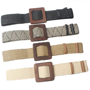 

New Braided Belt With Wooden Buckle Ladies Casual Solid Luxury Fashion Dress Summer High Quality Woven Women Straw Belt Wood