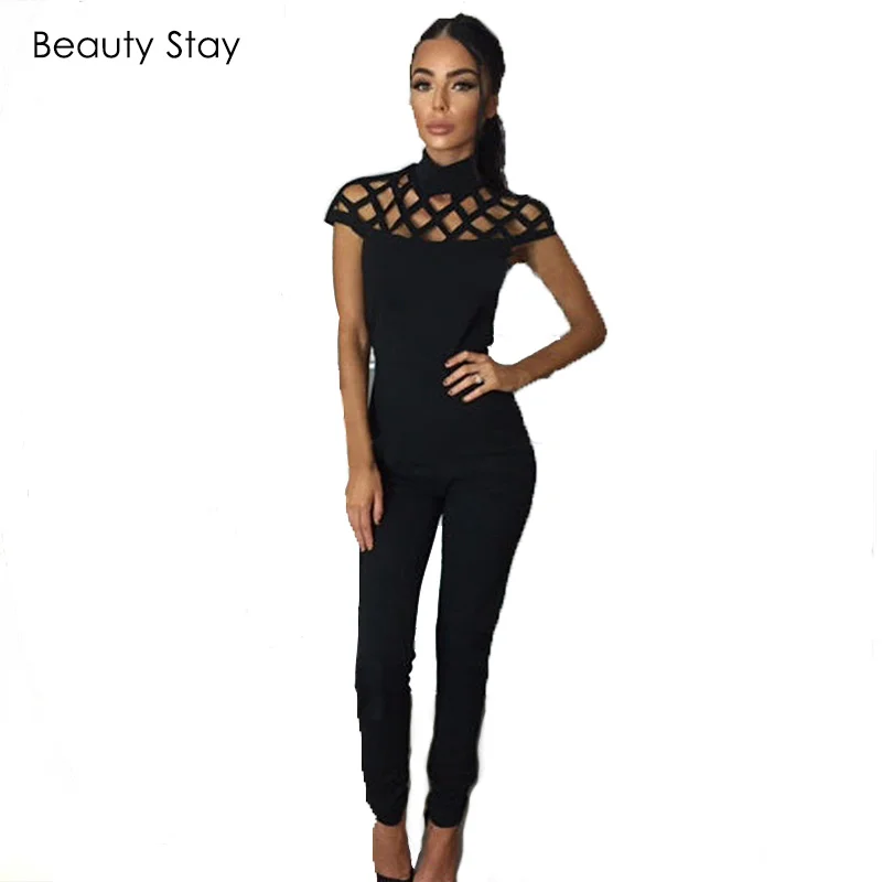 BeautyStay Women Hollow Out Mesh Bodycon Jumpsuits Turtle Neck Cut Out Bandage Summer Bodysuit