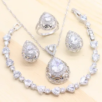 

Sliver Women Jewelry Sets Pure White Stones Bracelets Ch Necklace Pendant Stud Earrings Vintage Rings Free Gift Box