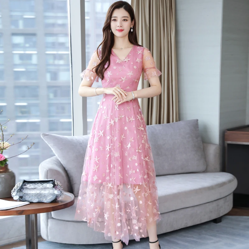 

Plus Size M-3XL 2019 Summer New Arrival Elegant V Collar Flower Embroidery Short Sleeve Woman Long Gauze Dress