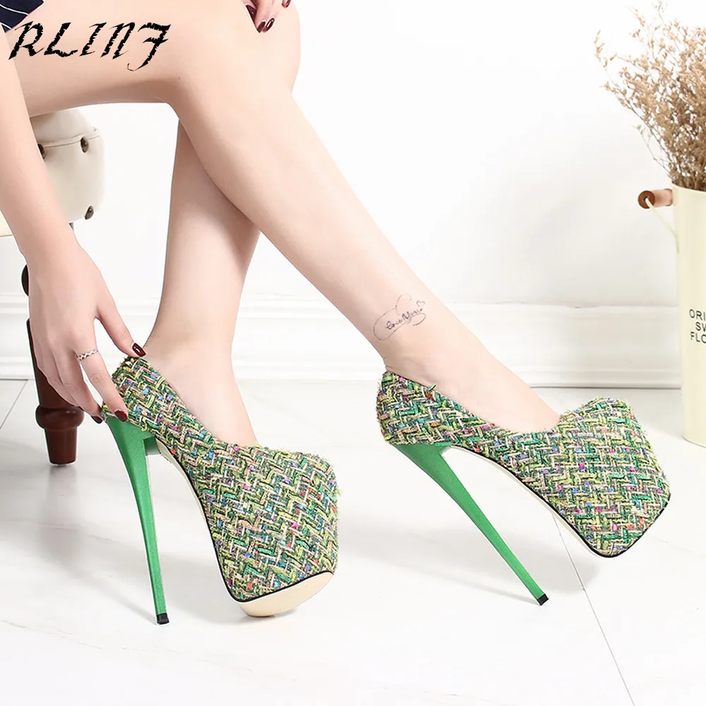 

2018 New Fashion 19cm Super High Heels Wine Cup with Thick with Round Plush Color Matching Shallow Mouth Shoes