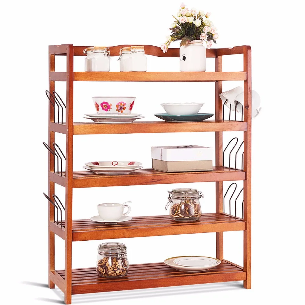 Giantex 5-Tier Wooden Shoe Rack Shelf Storage Organizer Entryway W/ 6 Shoe Stretcher Living Room Furniture HW57486