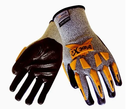 

TPR Mechanic cut resistant gloves 13 G liner, Black nitrile textured Foam coated palm gloves TPR on back and fingers 12304