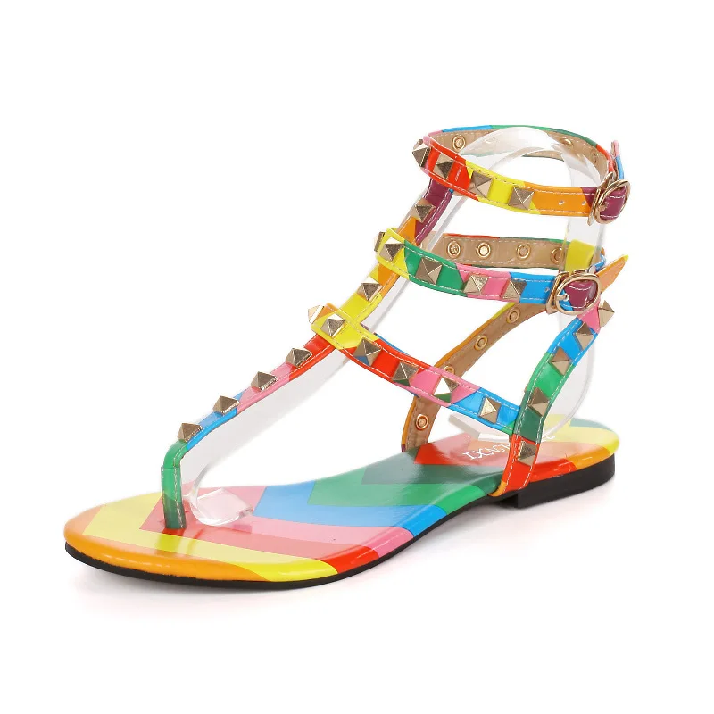 Women Summer colorful Sandals with Buckle Rivets Flat Sandals Feminina ...