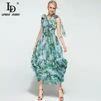 High Quality Summer Boho Beach Maxi Dress Women's Sleeveless V neck Tiered Floral Print Green Casual Long Dress