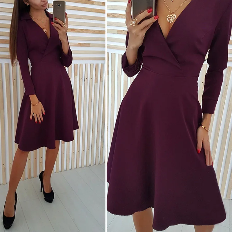 HEE-GRAND-Women-Deep-V-Neck-Autumn-Dress-2019-Elegant-Solid-Long-Sleeve-Slim-A-Line (2)