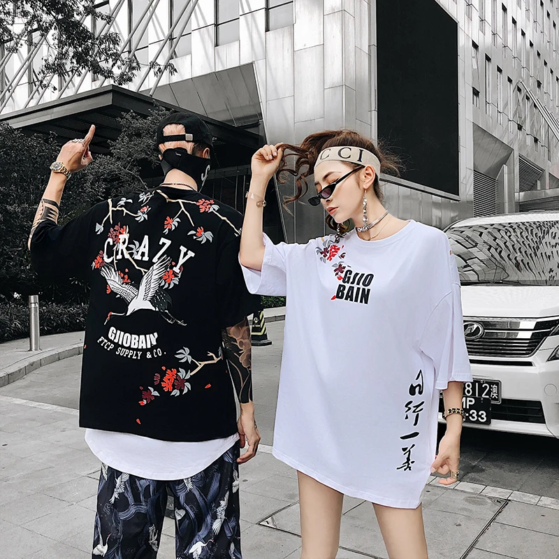 2019 Лето Китайский ветер ветви журавли печати короткий рукав рубашка Harajuku пара