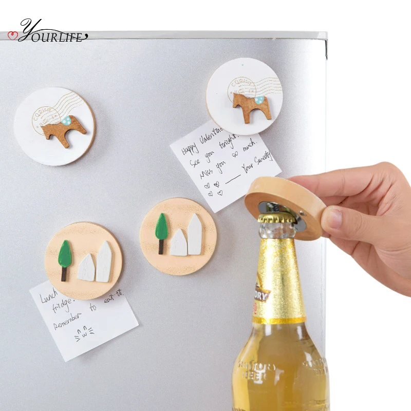 

OYOURLIFE 1pc Creative Bottle Openers Wooden Fridge Magnet Beer Bottle Can Opener Wooden Crafts Bar Tools