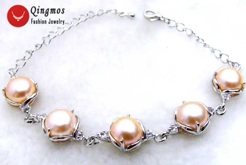 

Qingmos Natural Pearl Bracelet for Women with 9-10mm Pink Flat Round Pearl Adjustable 6-8" Bracelet Jewelry bra258 Free Shipping