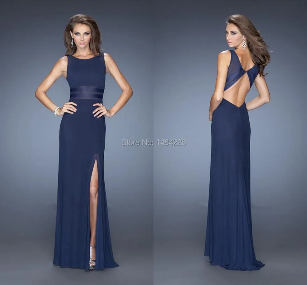 New Designed Dark Blue Prom Dress With Draped A-line O Neck Tank Vestido Longo Chiffon Side Slit Dresses Tempting | Свадьбы и