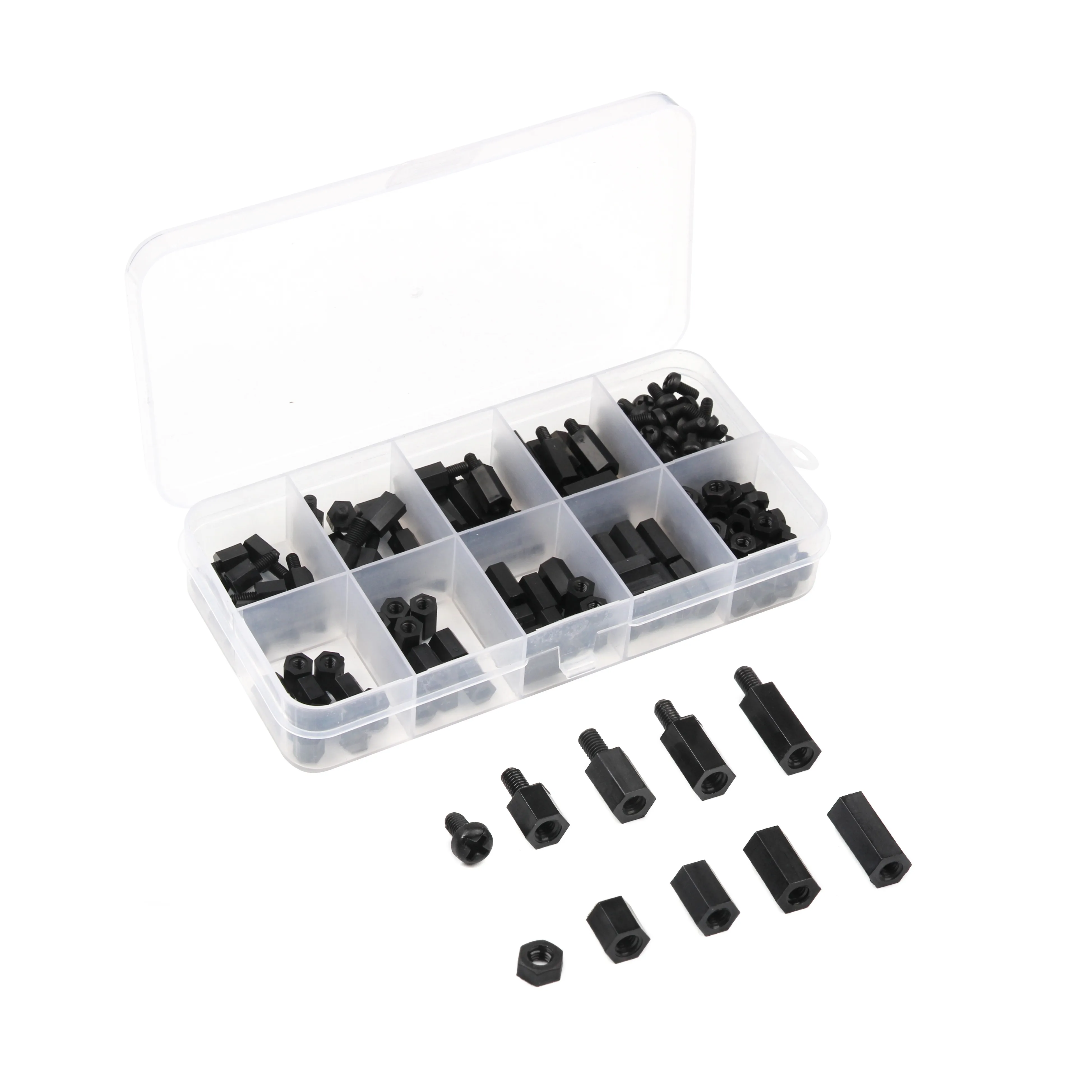 

180Pcs Black M3 Nylon Hex Spacers Male/Female Screws Nuts Stand-off Kit With Plastic Box For Electronics PC Board
