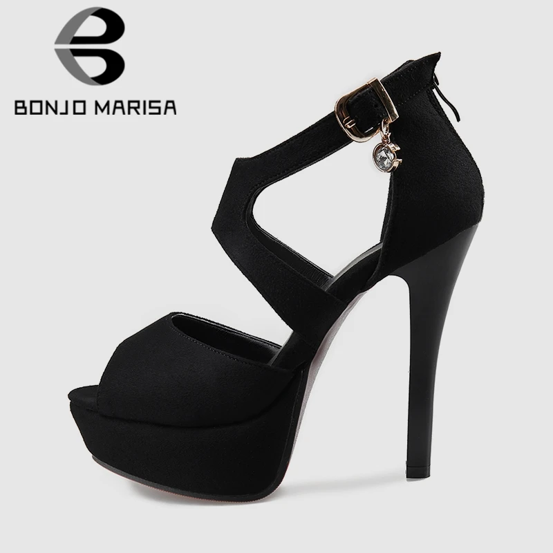 

BONJOMARISA 2019 Big Size 32-43 Elegant Flock Women Platform Sandals Female High Heels Shoes Woman Black Office Lady Summer Shoe