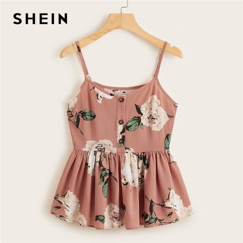 

SHEIN Multicolor Large Floral Ruffle Hem Cami Top Women Summer Button Front Adjustable Spaghetti Strap Sleeveless Boho Cute Tops