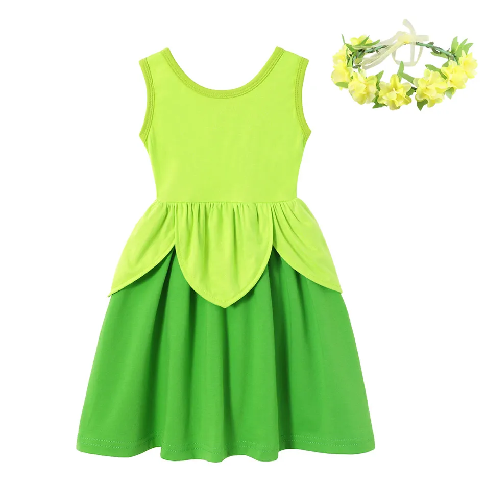 

Girls Tink Dress Kids Princess Party Dress Up Costumes Fairy Tales Green Leaf Clothes Children Summer Tink Bell Cosplay Frock