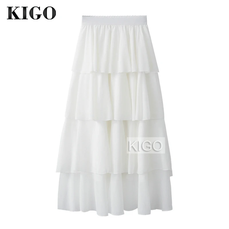 Многослойная летняя черная шифоновая юбка с высокой талией Женская миди юбка длинная с резинкой в талии повседневная юбка Jupe Femme Saia KE1864H - Цвет: Белый
