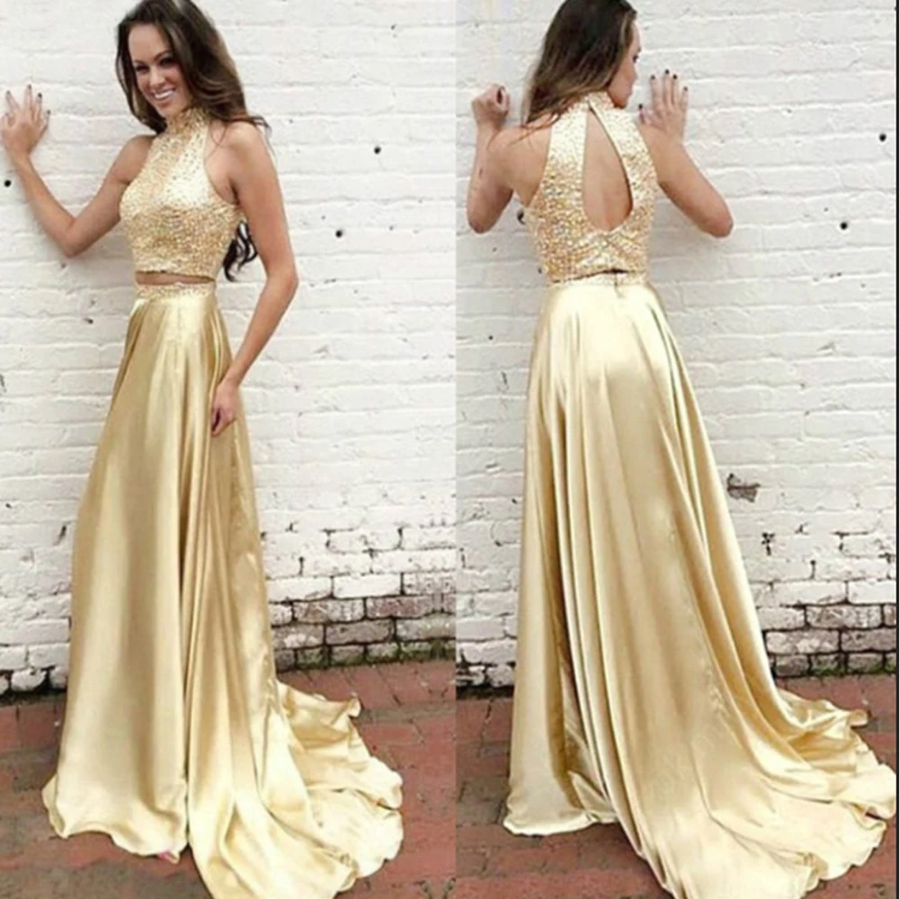 

Sexy Two Piece Prom Dress Gold Crystal Beaded Evening Gown A-Line Satin Formal Party Gown long Backless prom dresses