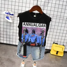 Новая летняя футболка в полоску с мультипликационным принтом для маленьких мальчиков+ джинсовые шорты, одежда, комплекты из 2 предметов, детская джинсовая одежда с дырками для 2-6 лет