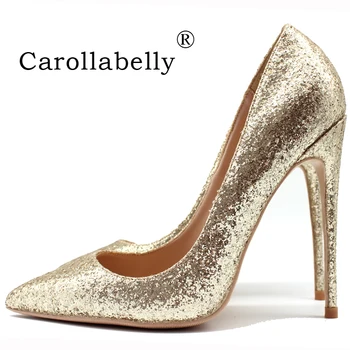 

2019 New Bling Bling Gold Glitter Wedding Shoes Women Pumps 8cm/10cm/12cm Thin High Heels Genuine Leather Stilettos Big Size 45